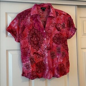 Erika Vibrant Magenta and Pink Floral Button Closure Short Sleeve Blouse
